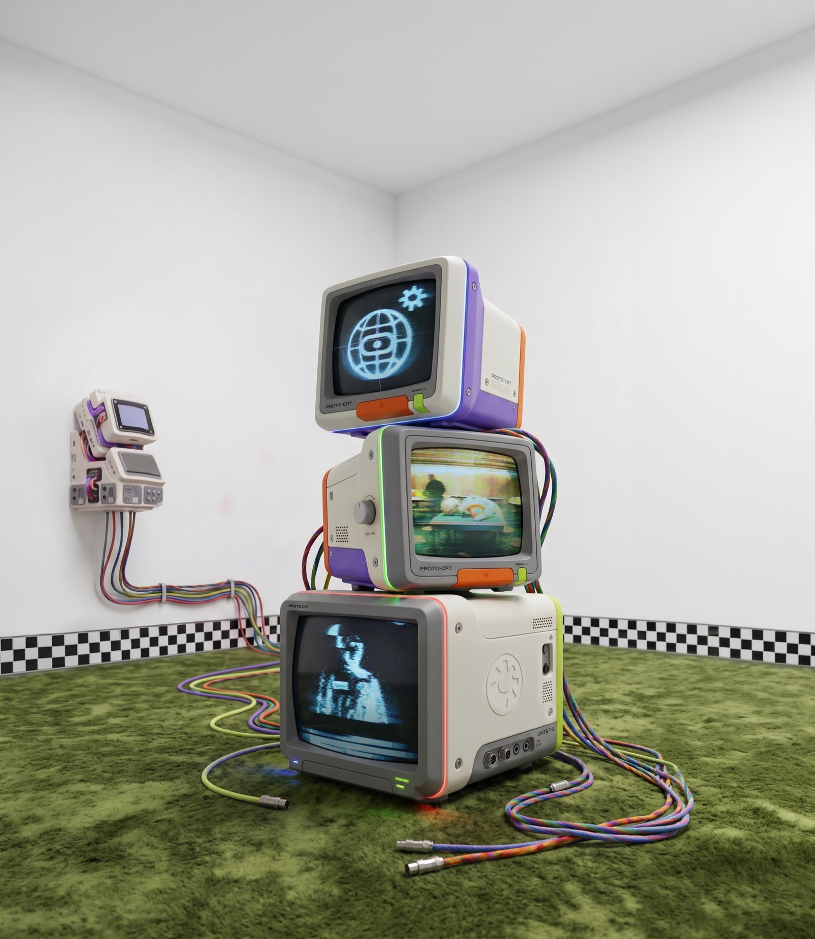 A stack of retro CRT televisions on green carpet in a white gallery room