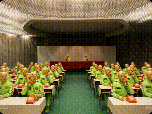 Rows of smiling green figures answering telephones in a conference hall